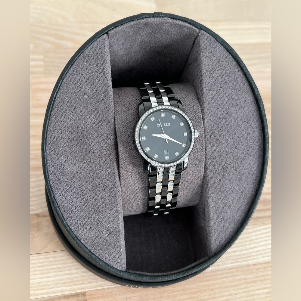 Citizen Ladies Watch Crystal Dial Markers Black & Stainless Band Quartz Date Wnd - Picture 5 of 16